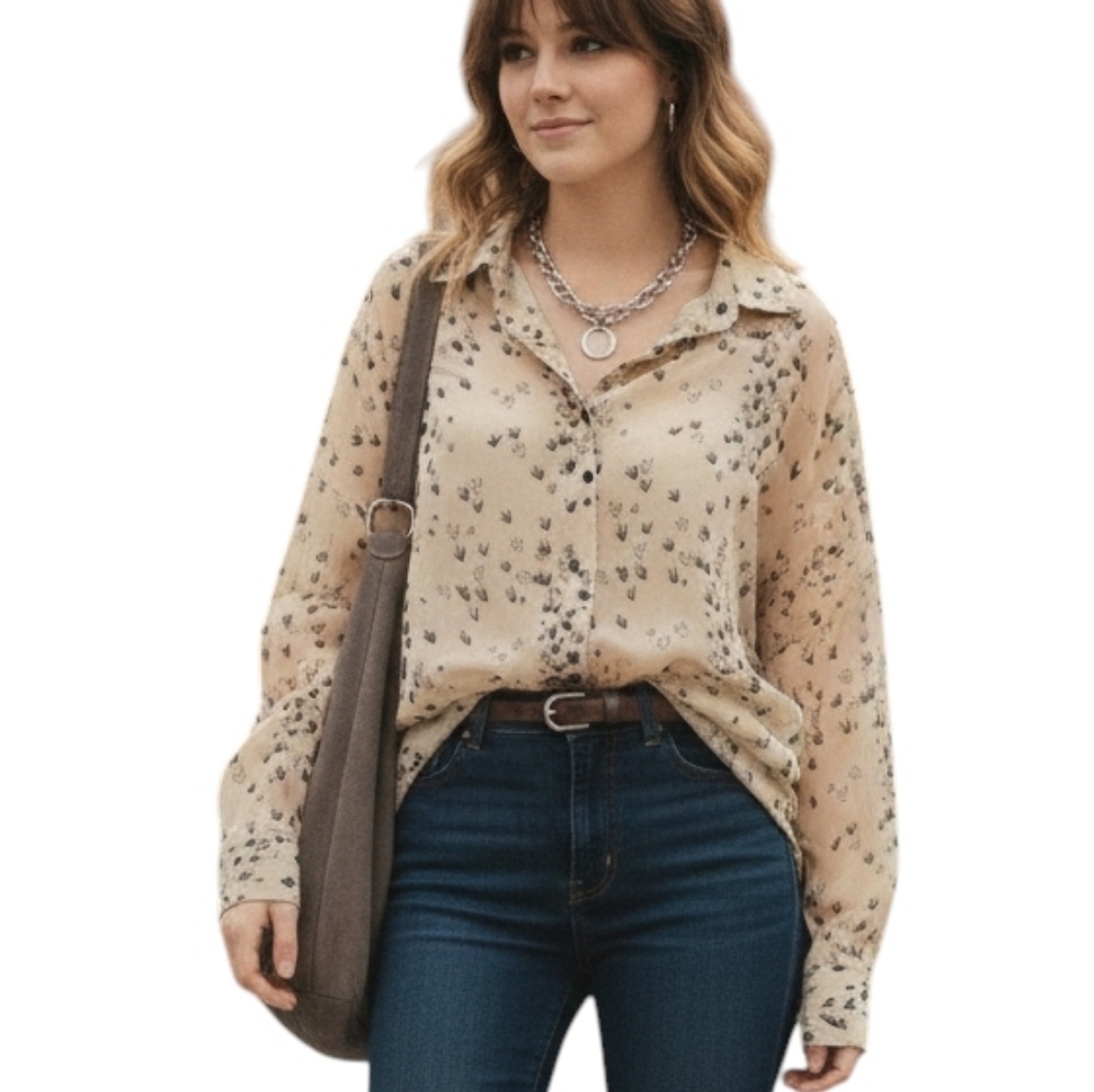 Atmosphere Swallow Print Sheer Blouse Women 10 Beige Black Button Front